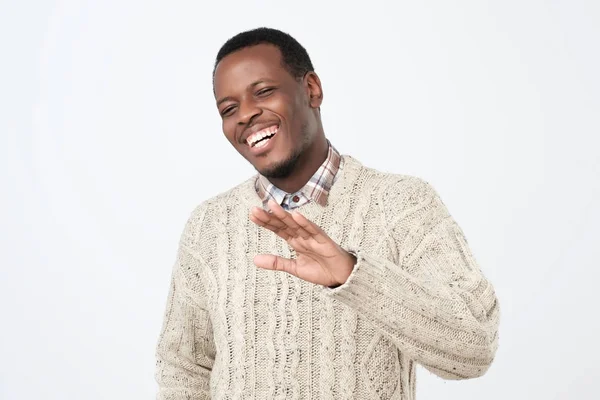 Laughing Positive African Guy Dressed Warm Sweater Showing Stop Gesture — Stock Photo, Image