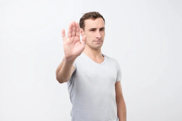 Young Italian Man Shows Stop Timeout Refusal Sign Hand Want — Stock Photo, Image