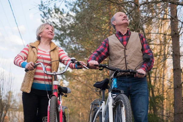 Счастливая старшая пара на велосипеде в парке — стоковое фото