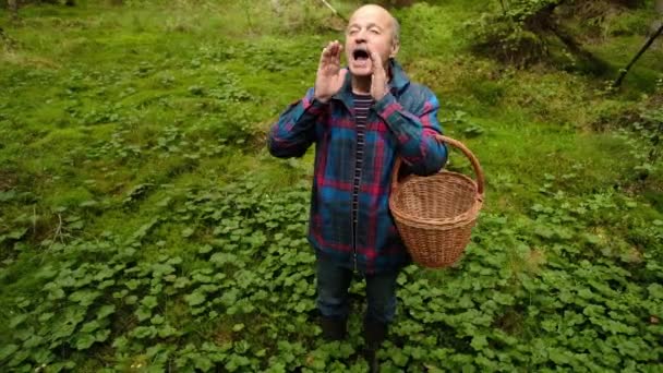 Hvor er konseptet ditt? Moden europeisk mann som holder en kurv forsvinner i skogen. . – stockvideo