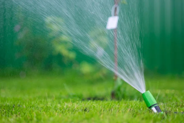 Arroser la pelouse d'herbe verte avec un pulvérisateur le jour d'été — Photo