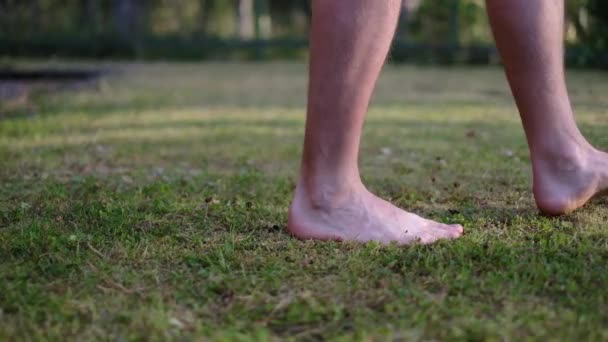 Blote voeten van een man op zacht gras van gazon — Stockvideo