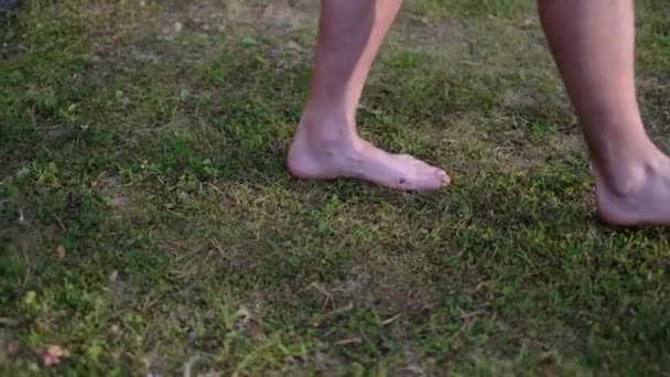 잔디의 부드러운 잔디에 남자의 맨발 — 비디오