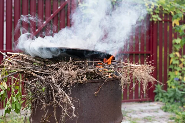 Trädgård förbränningsugn tillverkad av ett fat med brinnande växter och skräp — Stockfoto
