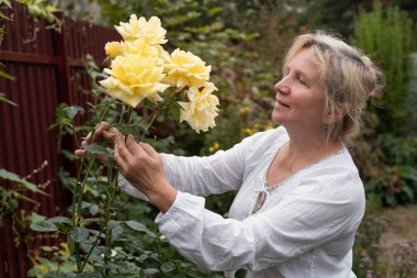 Heyecanlı olgun beyaz kadın bahçıvan bahçesinde çiçekleme Bush gül Bakımı