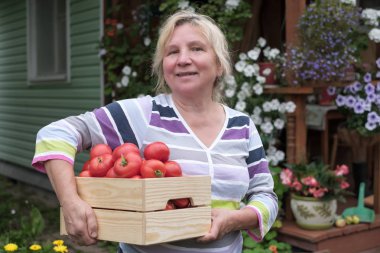 Domates kutusu ile kıdemli beyaz kadın