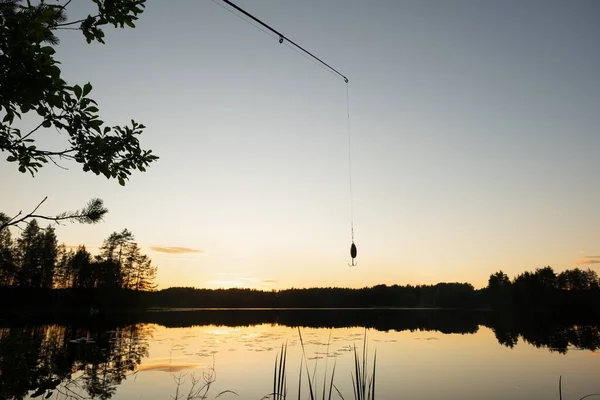 Večer u jezera s lesem na pozadí a rybářským prutem. — Stock fotografie