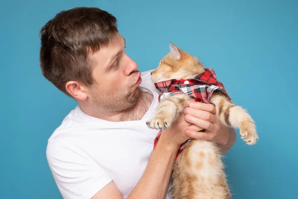 young man with british tabby cat isolated on blue background.