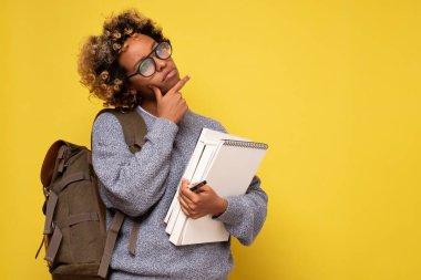 Kıvırcık saçlı, gözlüklü, düşünceli bakışlı, Afrikalı güzel bir kadın..