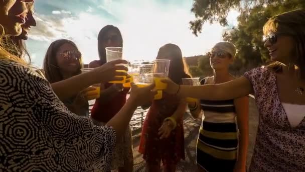 Celebrando Amizade Equipe Sucesso Trabalha Livre Com Suco Colorido Belas — Vídeo de Stock