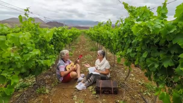 Nice Beautiful Adult Couple White Hair Walk Fields Wine Playing — Stock Video