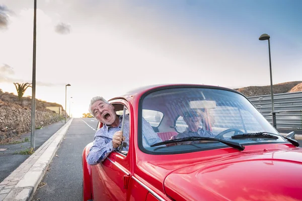 Nice Beautiful Senior Adult Couple Traveling Together While Woman Drive — Stock Photo, Image