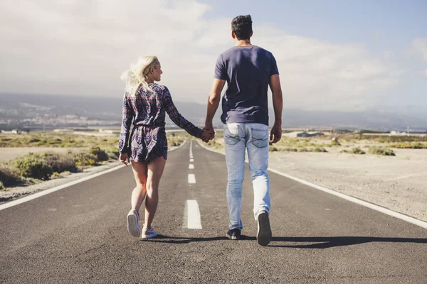 Couple Lover Friendship Relationship Walk Together Forever Long Infinite Road — Stock Photo, Image