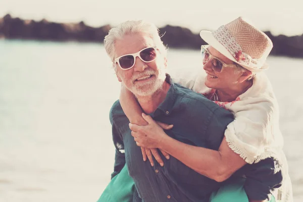 Happiness Couple Caucasian People Enjoy Smile Outdoor Leisure Activity Summer — Stock Photo, Image