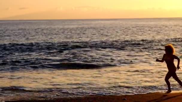 Koşma Atlama Kumsalda Altın Bir Muhteşem Gün Batımı Sırasında Rahat — Stok video