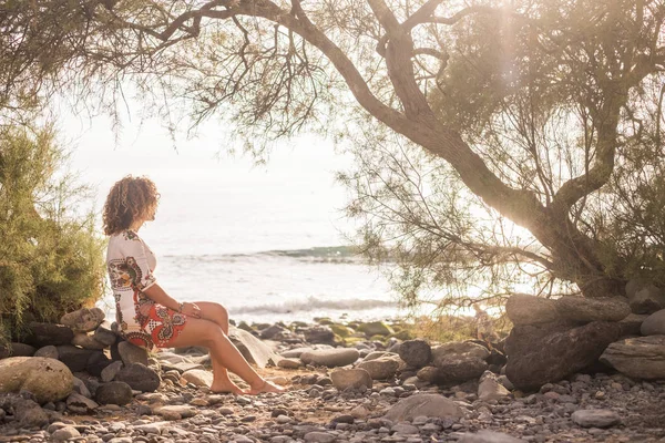 Lonely Sweet Beautiful Middle Age Young Woman Sitting Shore Rock — Stock Photo, Image