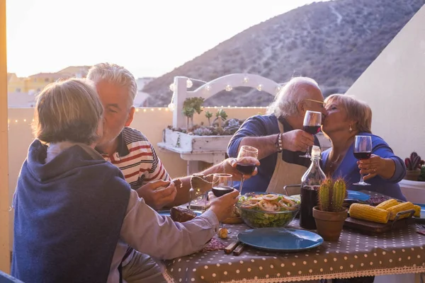 Nice Group Caucasian Adult People Happiness Staying Together Dinner Outdoor — Stock Photo, Image