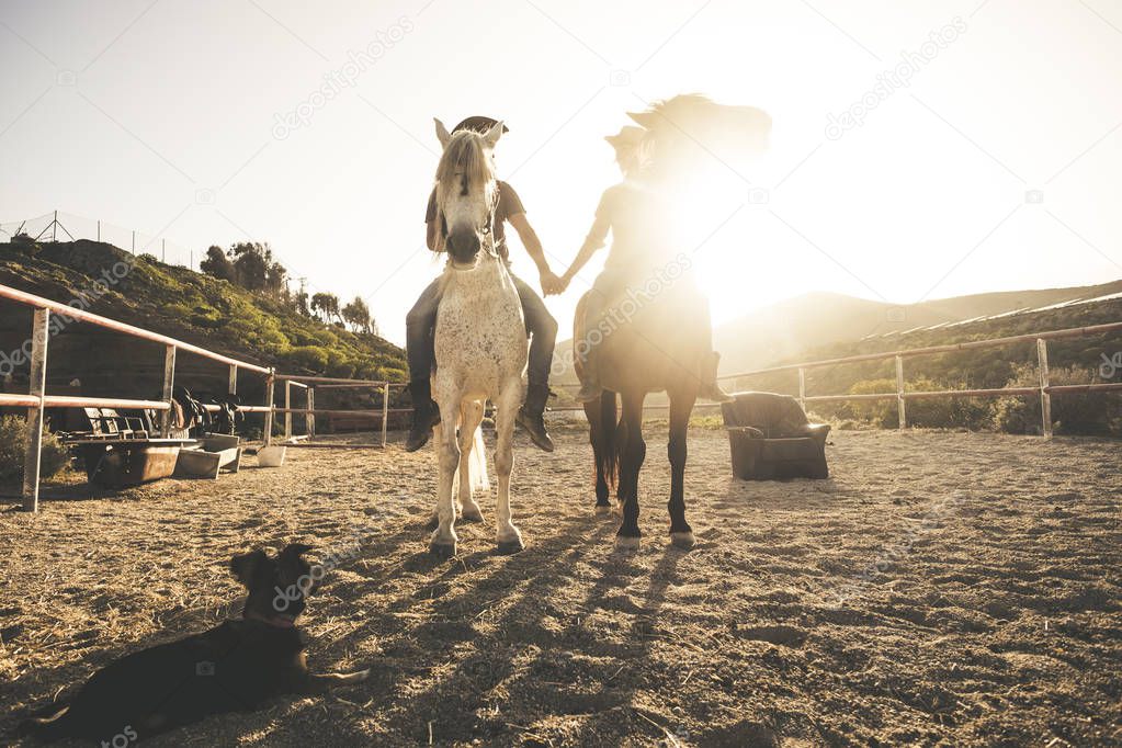 horse riding scenic picture with two animal and people couple and a dog taking hands with love and friendship and sunset sunlight in the background. warm relationship concept image