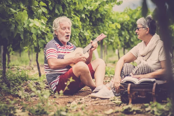 senior couple sitting in vineyard and man playing at ukulele acoustic guitar