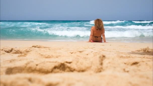 后视图的妇女与卷曲的头发在海滩上放松 — 图库视频影像