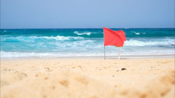 Vista Bandera Roja Ondeando Playa Durante Tormenta — Vídeo de stock
