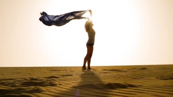 Silueta Unei Femei Care Plutește Eșarfa Vântului Deasupra Capului — Videoclip de stoc