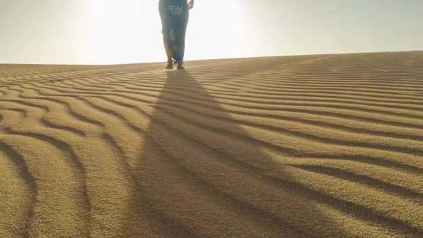 太陽の背景に砂の上を歩く女性 — ストック動画