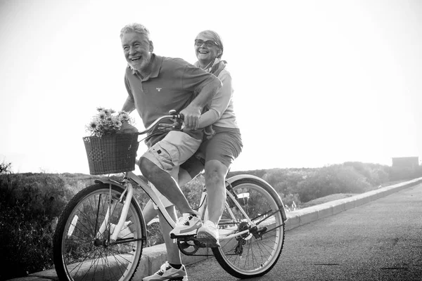 Monochrome Photo Adult Couple Driving Bike Outdoor — Stock Photo, Image