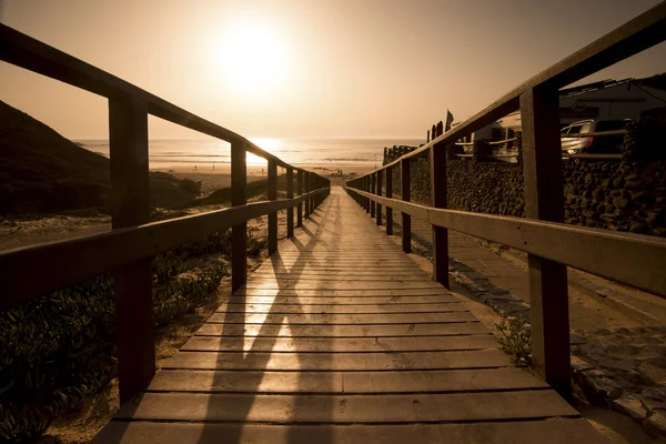 夕日を背景に夏の季節の木製の桟橋 — ストック写真