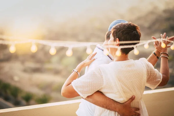 Couple Dancing Terrace Rooftop Natural View — Stock Photo, Image