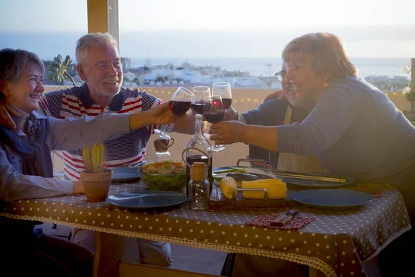 Senior Adult People Doing Bbq Eating Rooftop Terrace Home — Stock Photo, Image