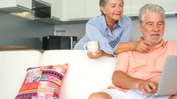 Senior Couple Using Looking Laptop Home — Stock Video