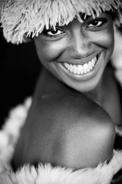 Monochrome Photo Smiling African Woman — Stock Photo, Image