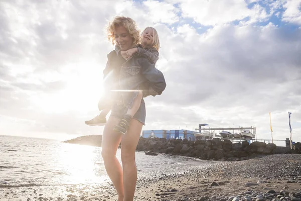 Happy Woman Mother Walk His Male Son Long Hair Blonde — Stock Photo, Image