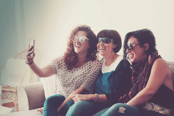 Three Young Women Friends Taking Selfie Home Modern Smartphone — Stock Photo, Image