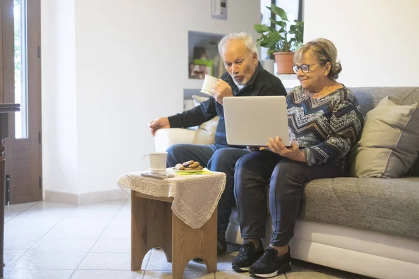 Elderly Couple Using Laptop Computer Drinking Tea While Sitting Sofa — Stock Photo, Image