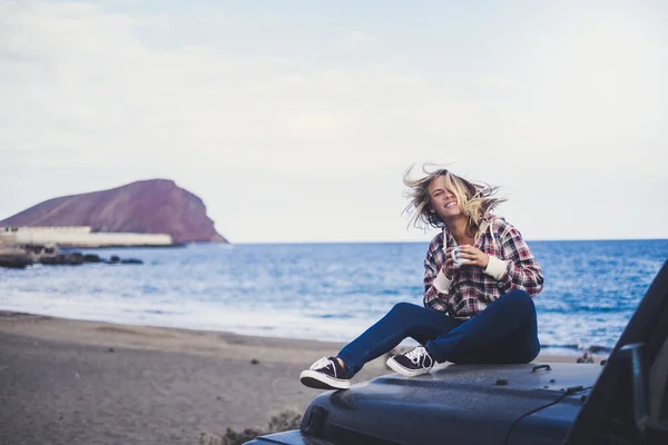 Happy Cute Blonde Young Girl Sitting Nose Her Adventure Car — Stock Photo, Image