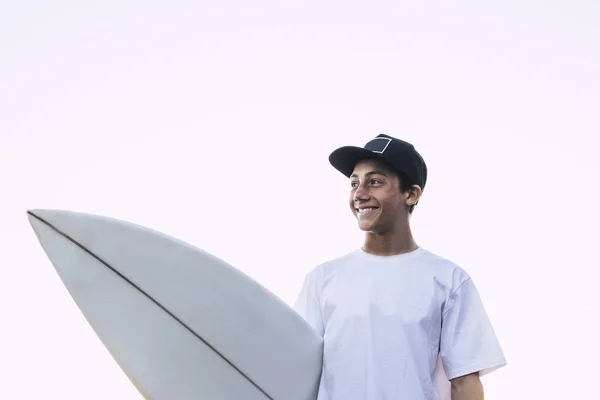 Nice Portrait Young Teenager White Surf Board Shirt Smiling Looking — Stock Photo, Image