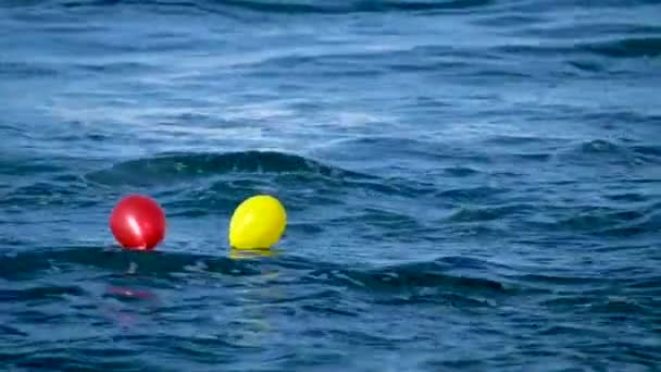 对夫妻的爱和情人节的观念 用红色和黄色的气球在蓝色的大海中游泳 — 图库视频影像