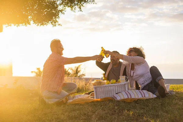 一群朋友在户外休闲活动中 与一些啤酒瓶叮当作响 在金色美丽的夕阳西下 享受着友谊 大自然的草地和野餐的理念 — 图库照片