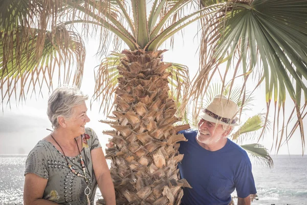 Happy Senior Couple Laughing Hugged Summer Day — Stock Photo, Image