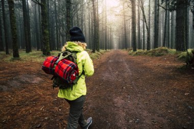 yüksek ağaçları ile ormanda gündüz yürüyen kadın