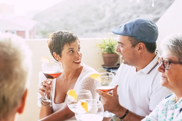 Bright Image Caucasian Cheerful Happy Couple Having Wine Cocktail Friends — Stock Photo, Image