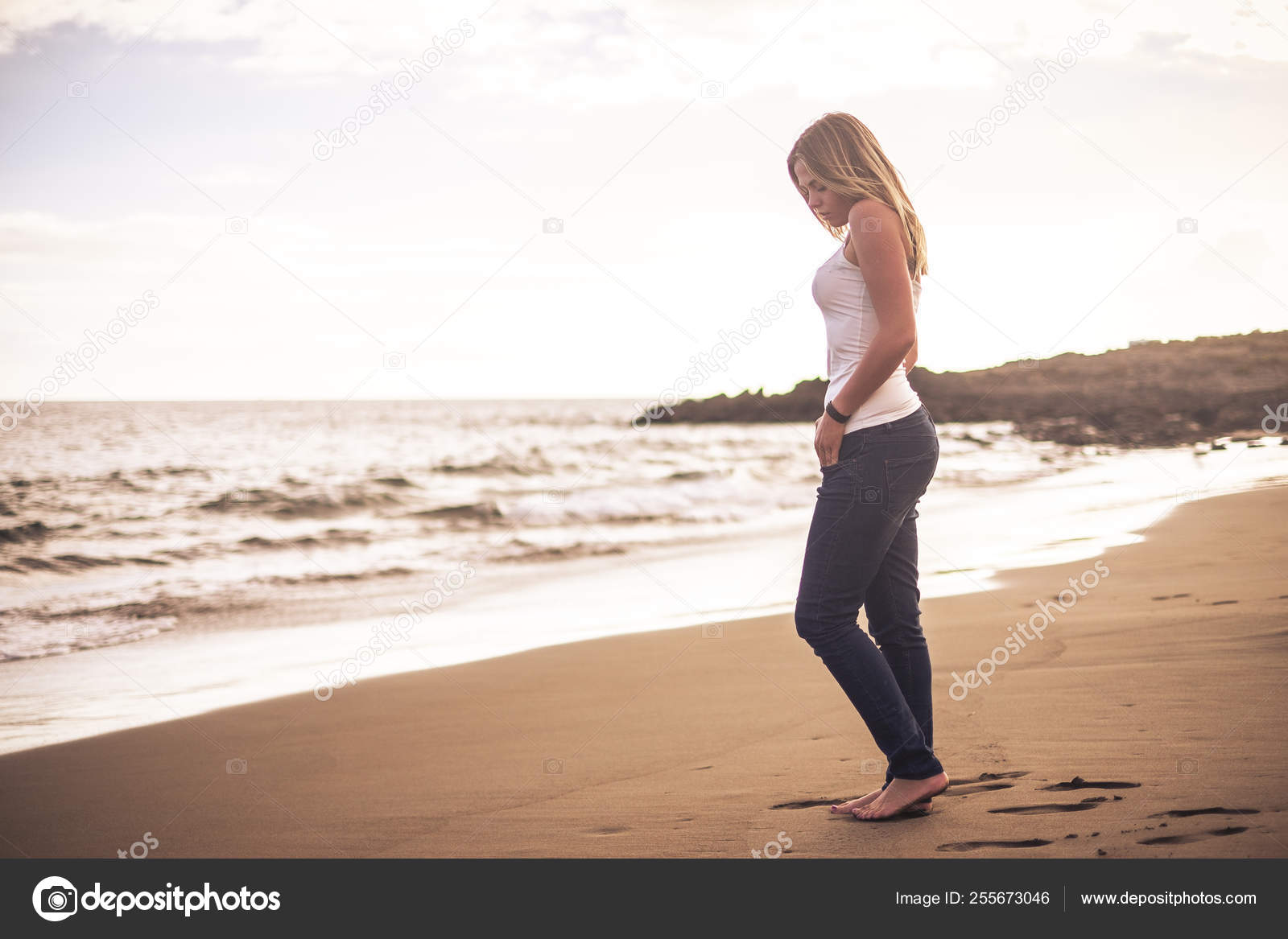 Lonely Beautiful Blonde Young Woman Walking Shore Nude Feet Sand Stock  Photo by ©simonapilolla 255673046