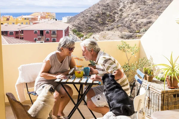 Pareja Ancianos Caballeros Señora Bebiendo Juntos Zumo Fruta Terraza Azotea —  Fotos de Stock