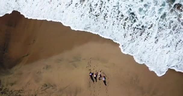 Vista Aérea Grupo Jovens Amigos Aproveitando Férias Verão Praia Com — Vídeo de Stock