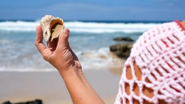 特写女性双手拿着贝壳与倾泻的沙滩在海滩上 — 图库视频影像