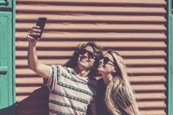 Millennial Happy Young Couple Boy Girl Taking Selfie Picture Colored — Stock Photo, Image