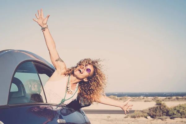 Woman Looking Out Car Window Happy Face Raised Hands — Photo