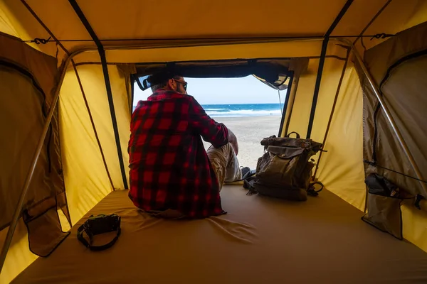 Man Drinking Coffee Tent Free Camping Beach Travel Freedom Concept — Stock Photo, Image